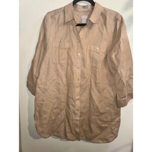 Chico's No Iron Linen Solid Tunic Shirt Soft Latte Tan 3/4 Sleeve Size 1 M/L NWT